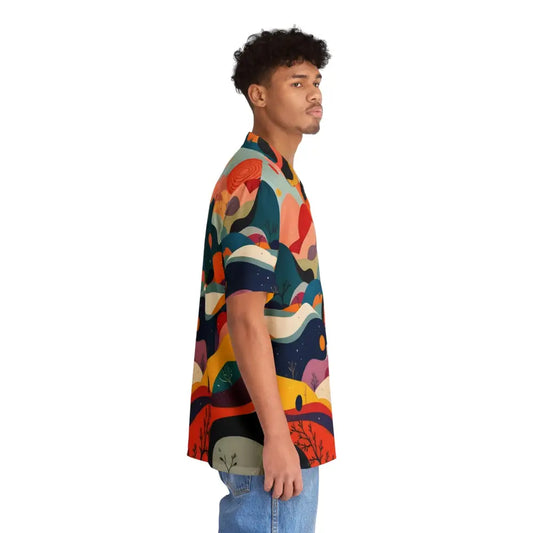 Colorful patterned short-sleeved Hawaiian shirt with abstract urban camo design