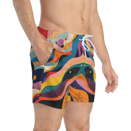 Colorful patterned Flowstate Mirage Swim Trunks with psychedelic landscape design