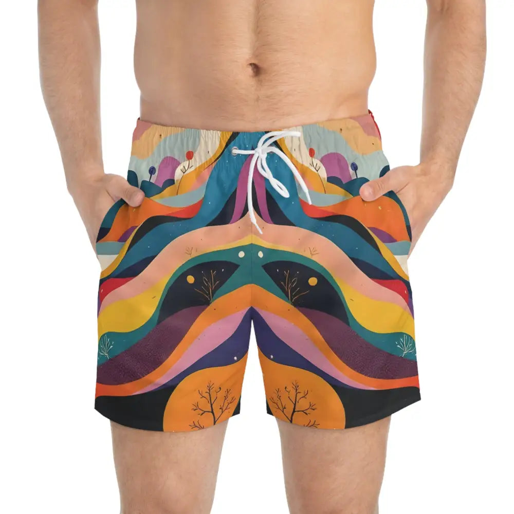 Colorful patterned Flowstate Mirage Swim Trunks with psychedelic landscape design
