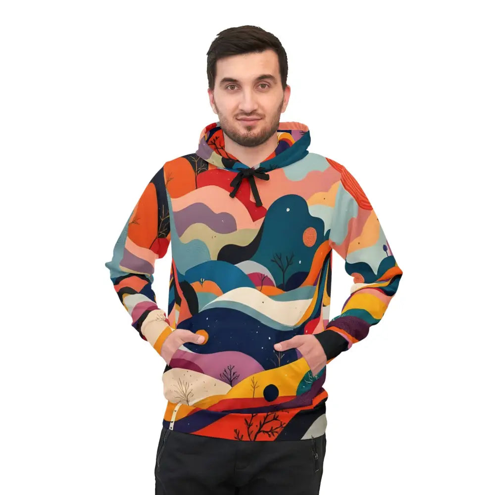 Colorful patterned hoodie from Flowstate Mirage Urban Camo collection displayed with abstract nature-inspired design