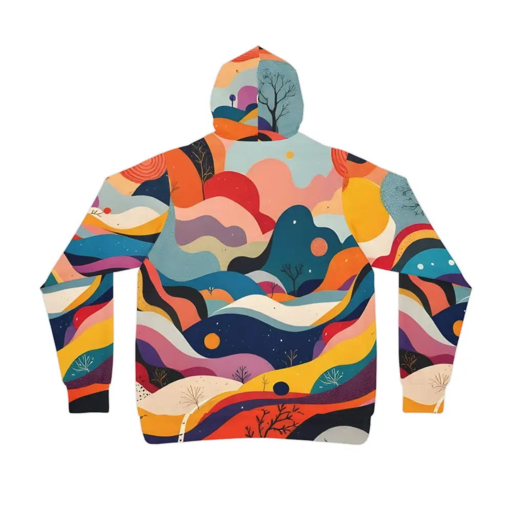 Colorful abstract landscape hoodie with nature-inspired print from Flowstate Mirage collection