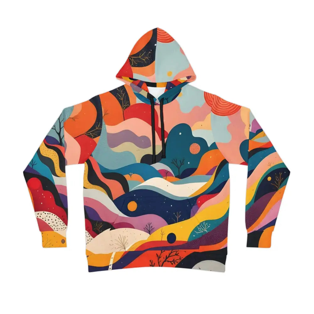 Colorful abstract landscape hoodie featuring vibrant nature-inspired artwork and urban camo design