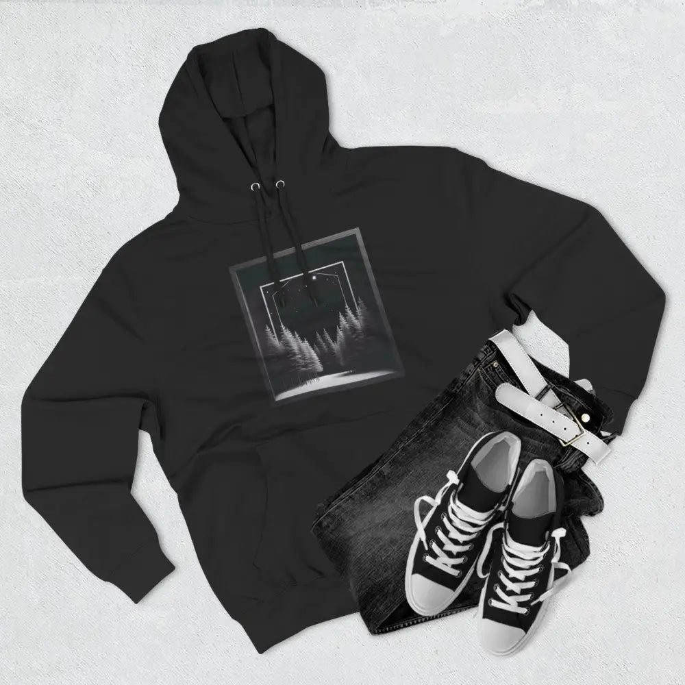 Black cozy fleece hoodie with white-framed abstract forest graphic and kangaroo pouch pocket