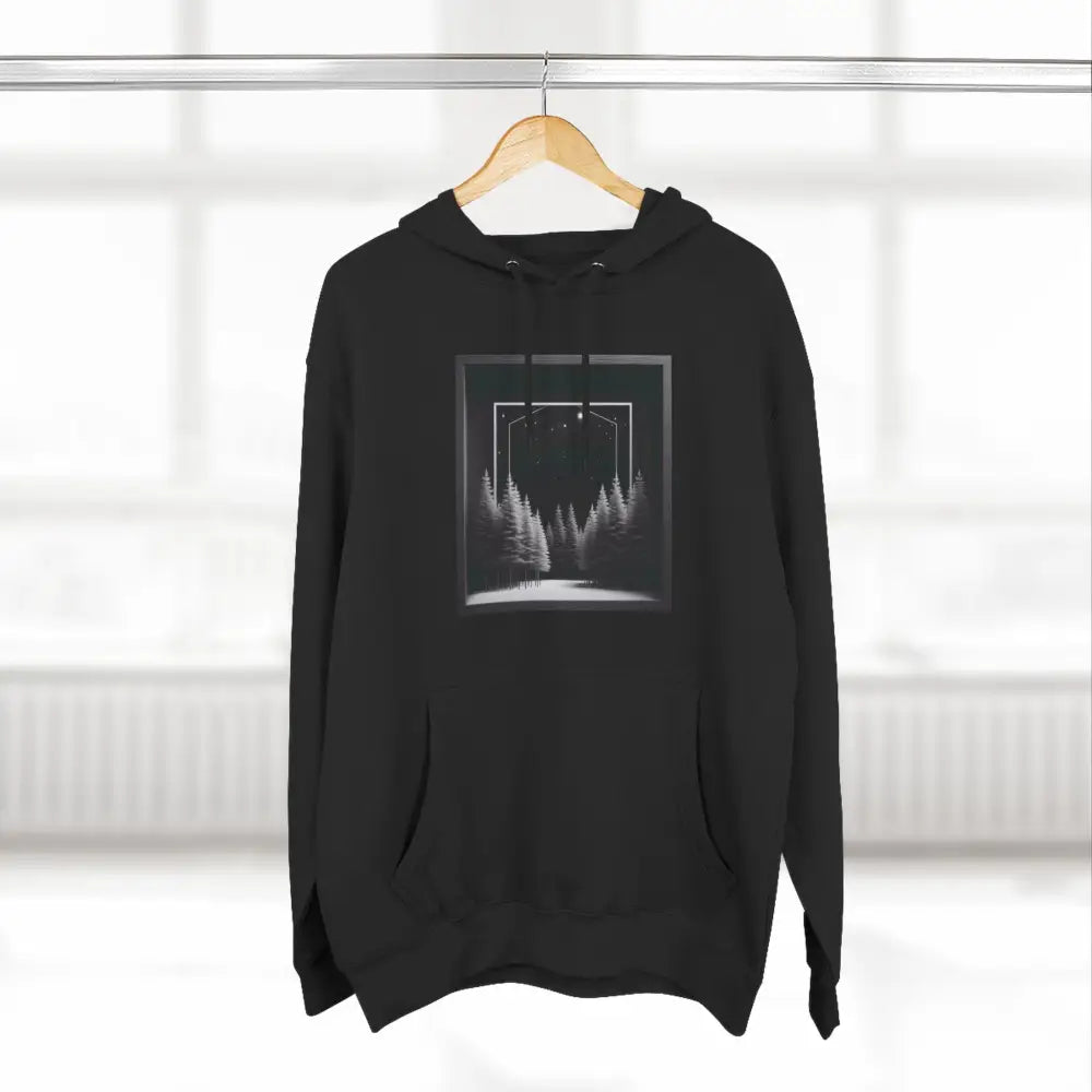 Black hoodie with framed forest landscape graphic, cozy fleece hoodie with kangaroo pouch pocket
