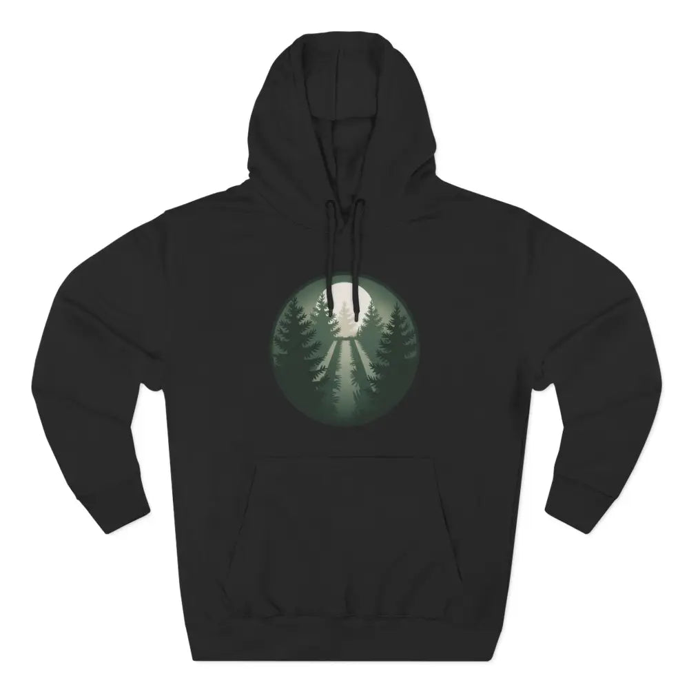 Black Forest Scene Fleece Unisex Hoodie with moon and forest graphic, soft fabric