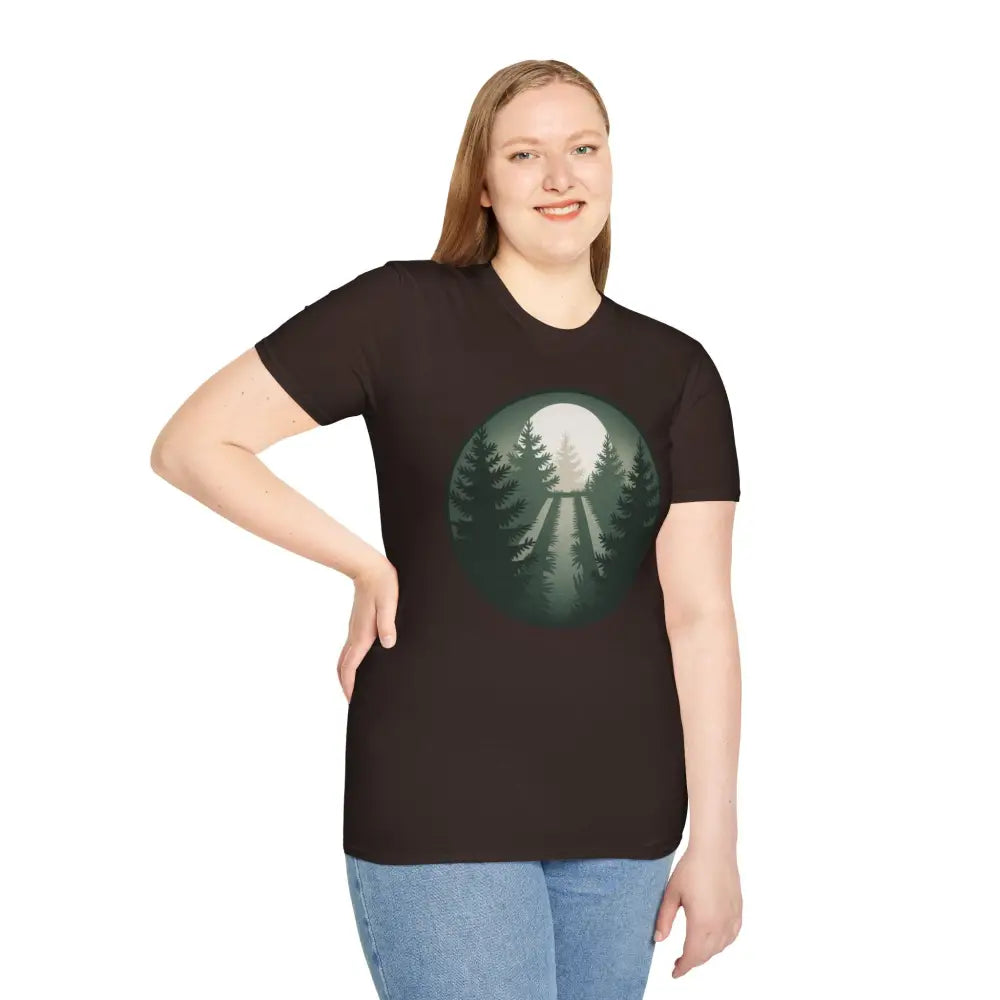 Dark-colored women’s Forest Vibes Unisex Softstyle T-Shirt with forest and full moon graphic