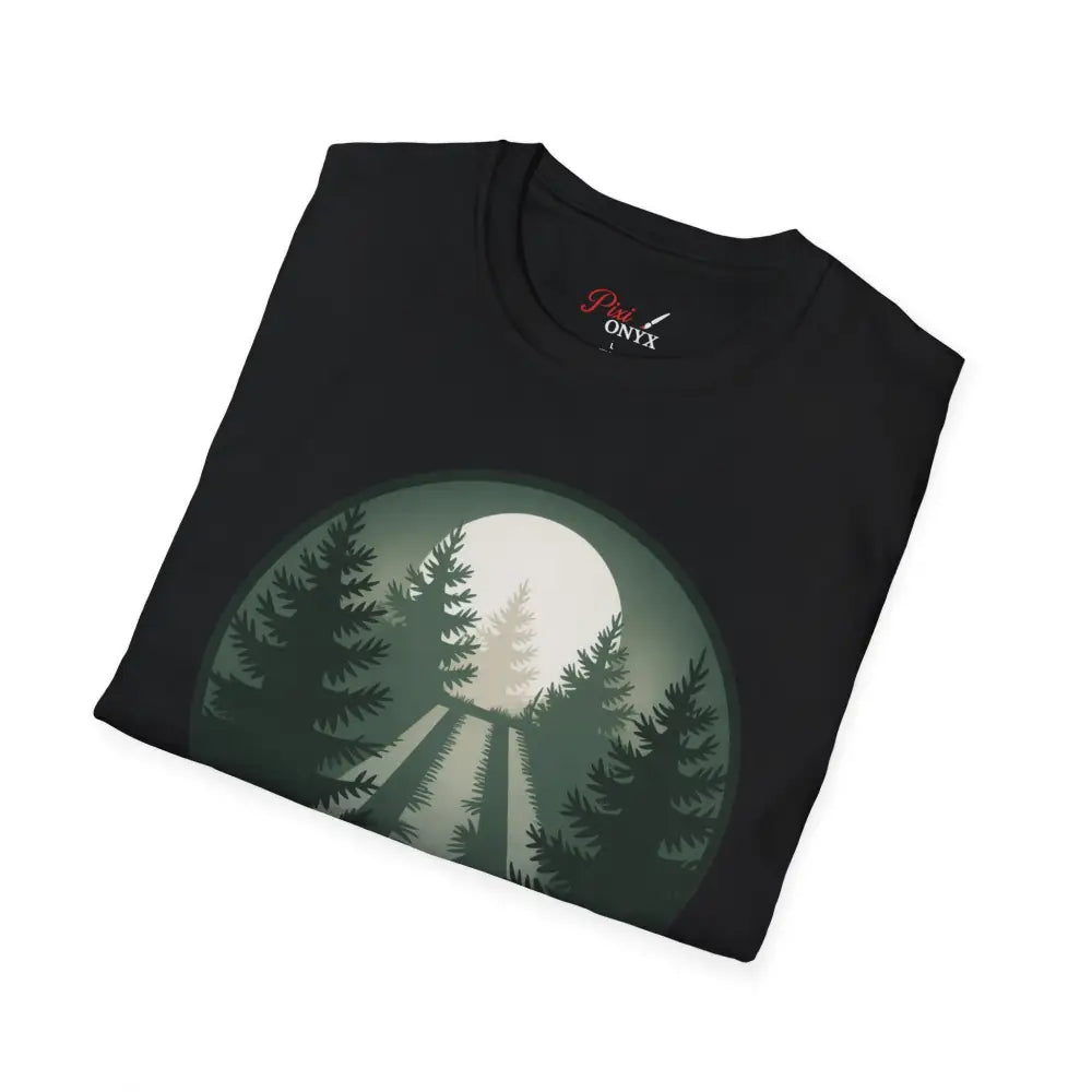 Black Forest Vibes unisex softstyle T-shirt with moon and forest graphic, collar retains shape