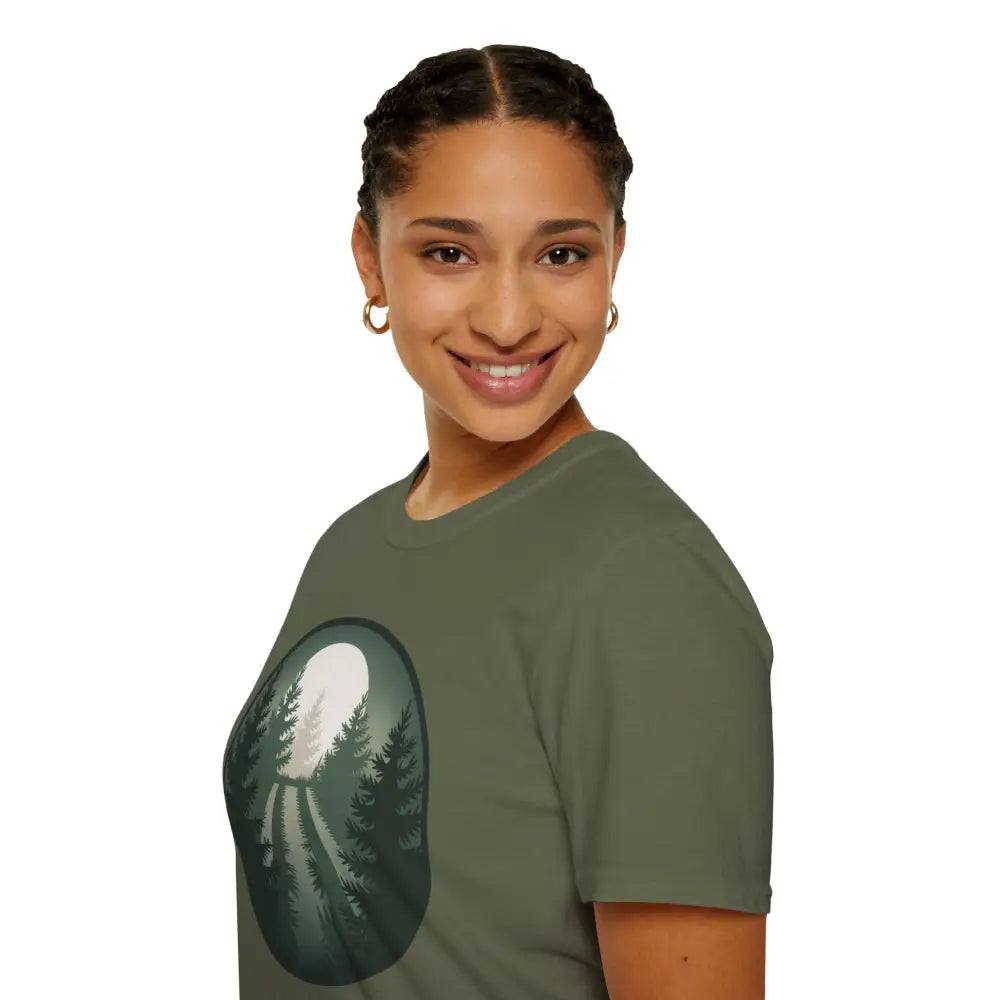 Woman in a green forest design stunning unisex softstyle T-shirt with ribbed collar retains shape
