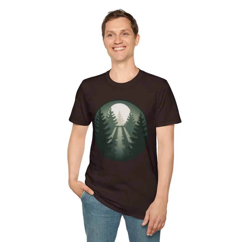Stunning unisex softstyle Forest Vibes T-Shirt with forest and moon graphic, collar retains shape