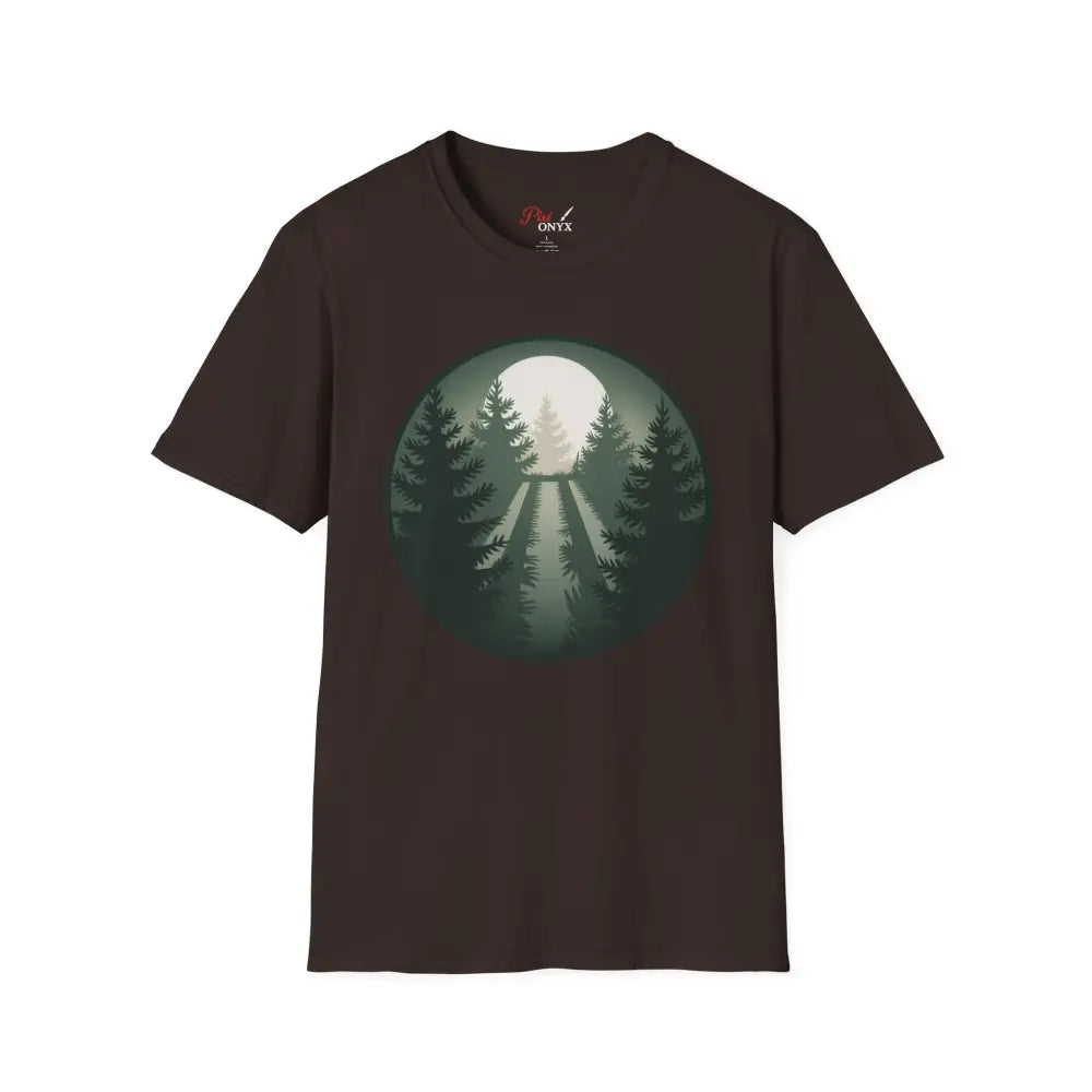 Dark brown Forest Vibes unisex softstyle T-shirt with forest path graphic and ribbed collar retains shape