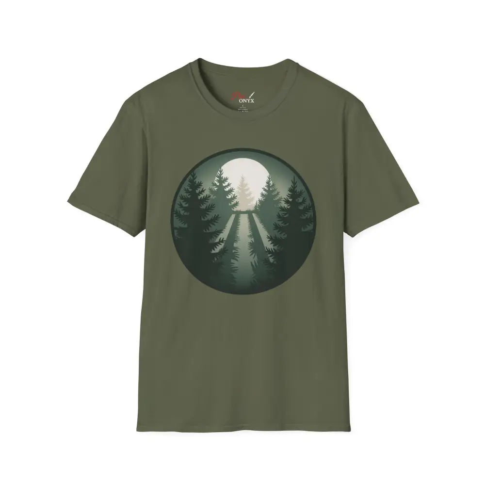 Olive green Forest Vibes unisex softstyle t-shirt with forest and moon graphic, collar retains shape