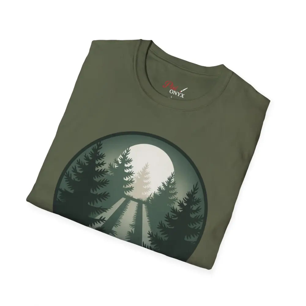 Folded olive green Forest Vibes unisex softstyle T-shirt with forest and moon graphic
