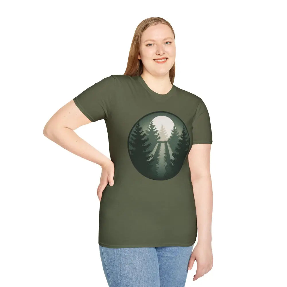 Woman wearing a stunning unisex softstyle forest path graphic t-shirt with a ribbed collar retains shape