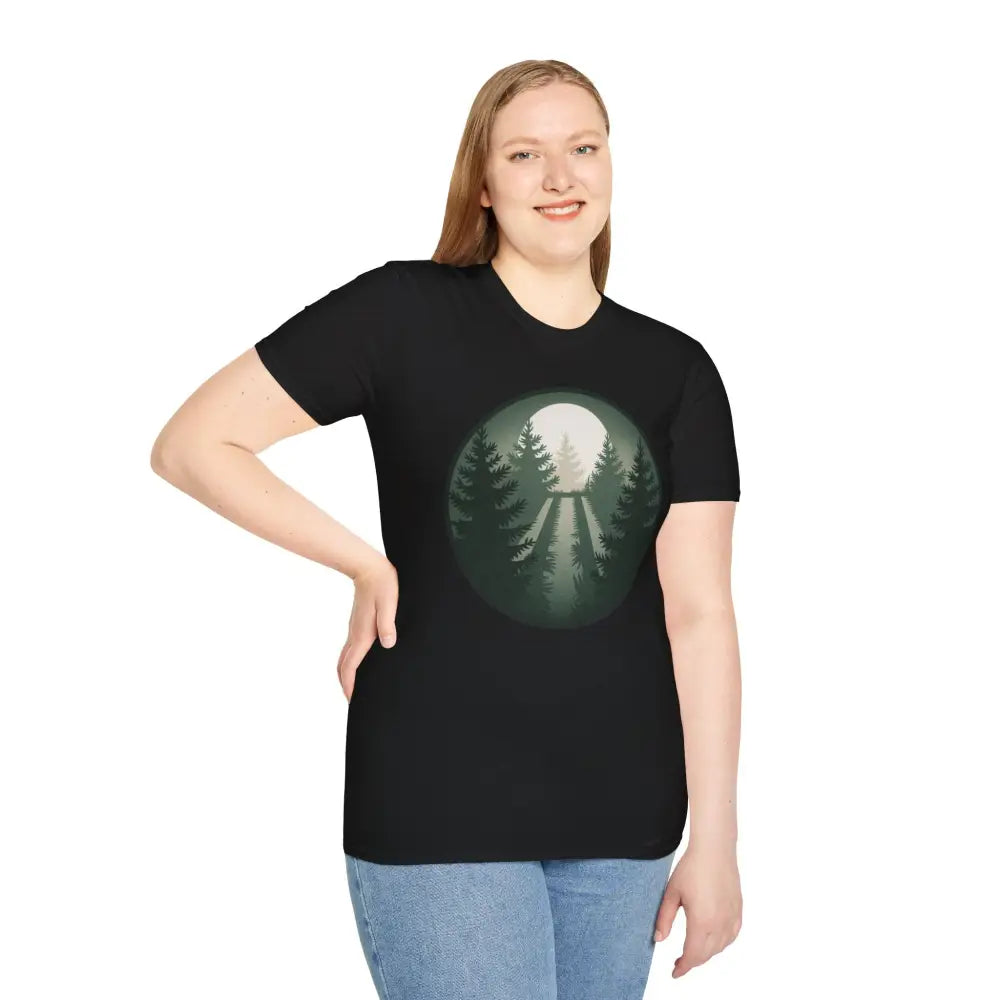Woman wearing a stunning unisex softstyle Forest Vibes T-Shirt with forest and moon graphic