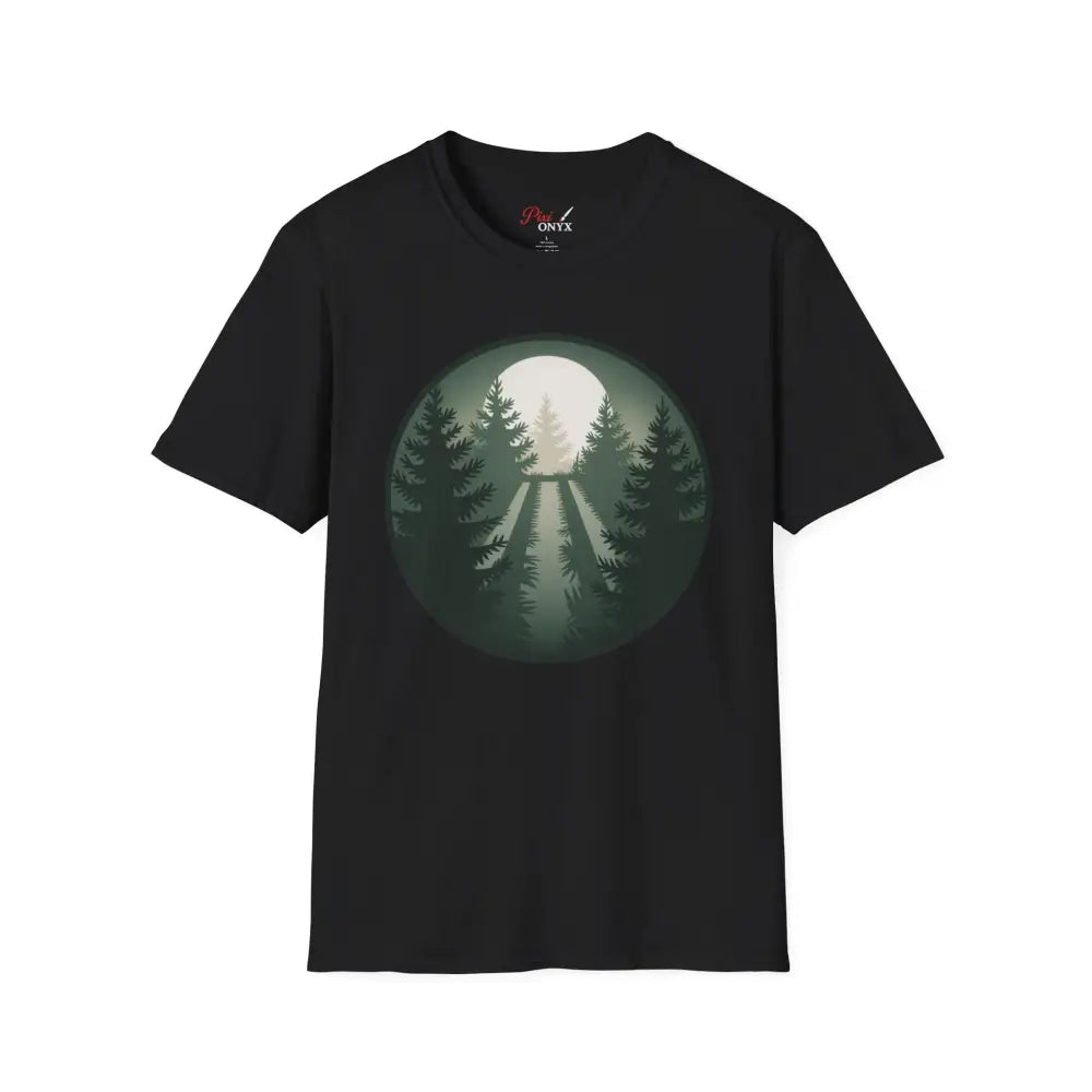 Black Forest Vibes Unisex Softstyle T-Shirt with circular forest road graphic, collar retains shape