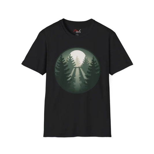 Black Forest Vibes Unisex Softstyle T-Shirt with circular forest road graphic, collar retains shape