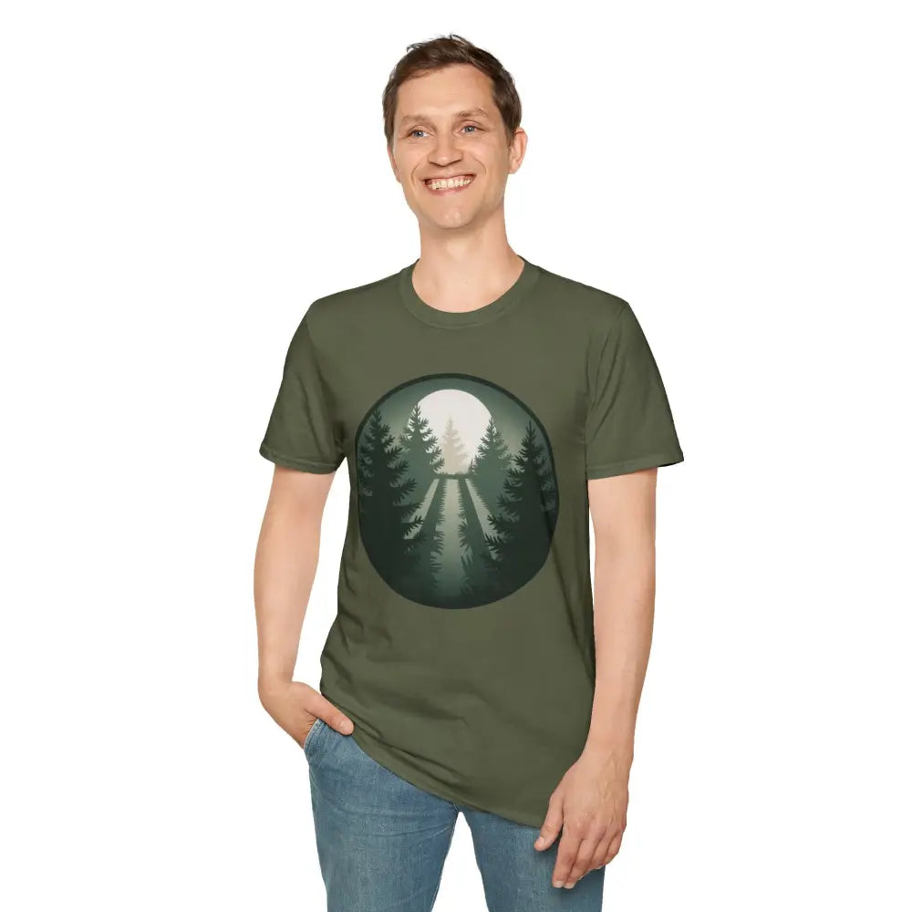 Stunning unisex softstyle forest moon graphic t-shirt with ribbed collar retains shape