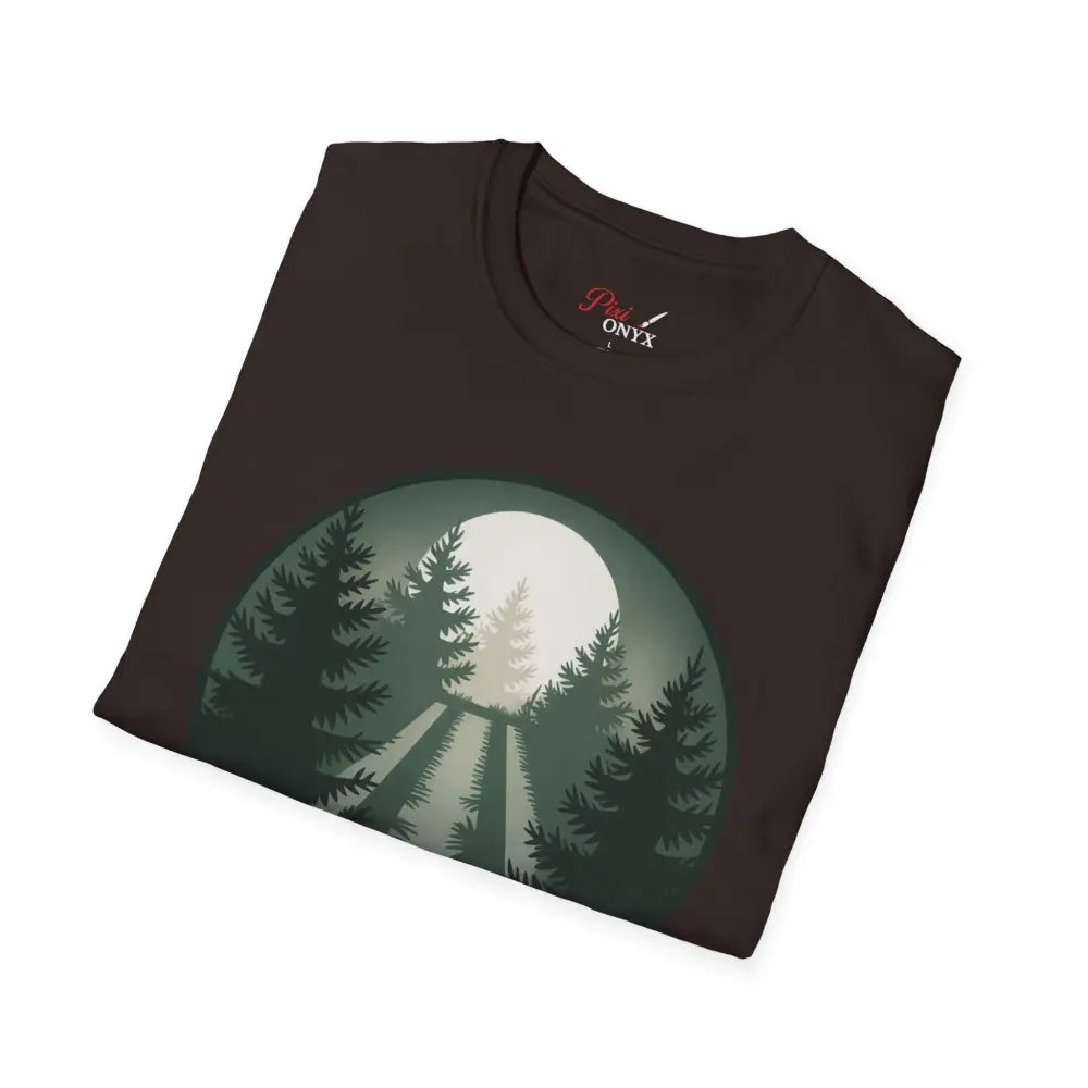 Dark brown Forest Vibes unisex softstyle t-shirt with forest and moon graphic, collar retains shape