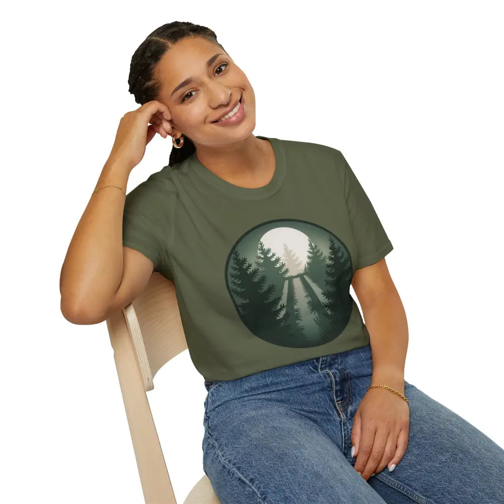 Smiling woman in forest and moon design Forest Vibes unisex softstyle T-shirt with ribbed collar retains shape