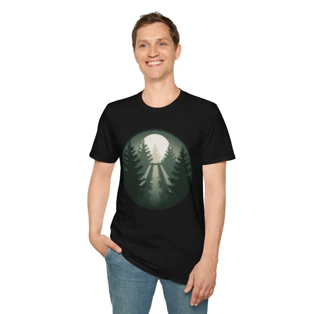 Black Forest Vibes Unisex Softstyle T-Shirt with moon and forest design, collar retains shape