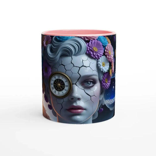 Pink-lined porcelain mug featuring a surreal woman design from PixiOnyx Surreal Sipper collection