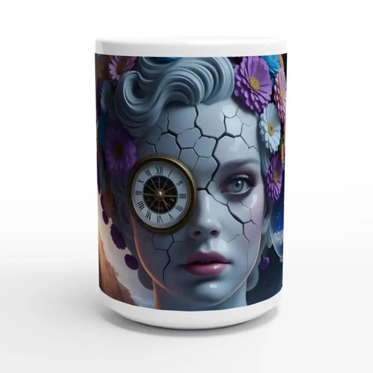 Ceramic Fractured Time Mug with cracked-skin woman design by PixiOnyx Dreamcore