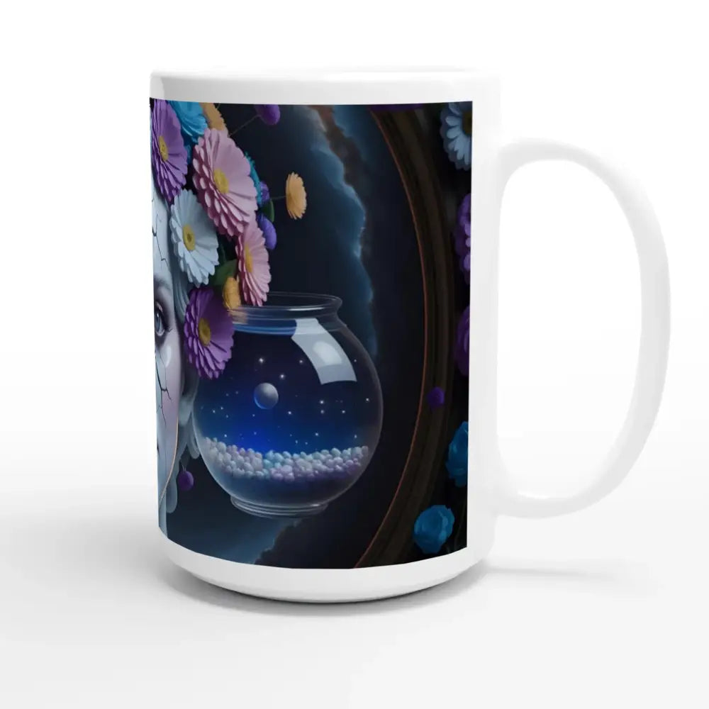 White ceramic Fractured Time Mug with colorful floral and celestial design