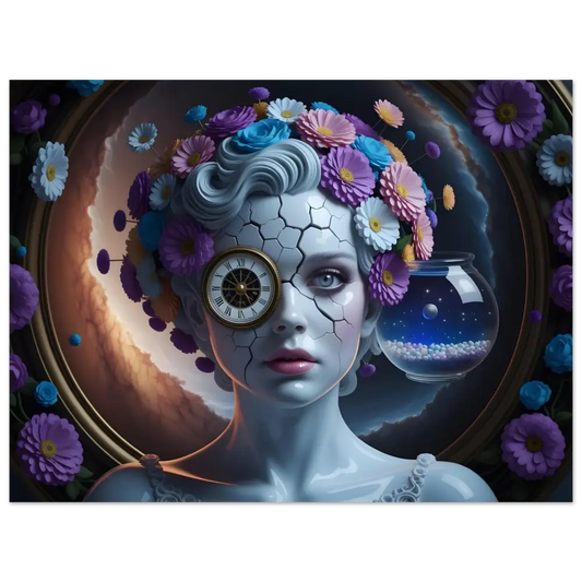 Surreal porcelain woman with floral headdress and clock eye surreal art print