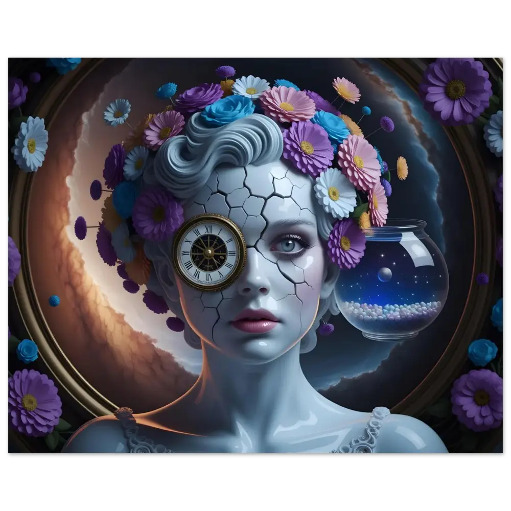 Surreal cracked porcelain woman with clock eye, artwork from Fractured Time Poster by PixiOnyx