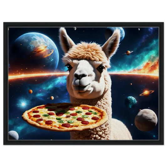 Alpaca holding pizza in space displayed on Framed Alpaca Pizza Canvas Galactic Chew Courier PixiOnyx Floating Frame Art