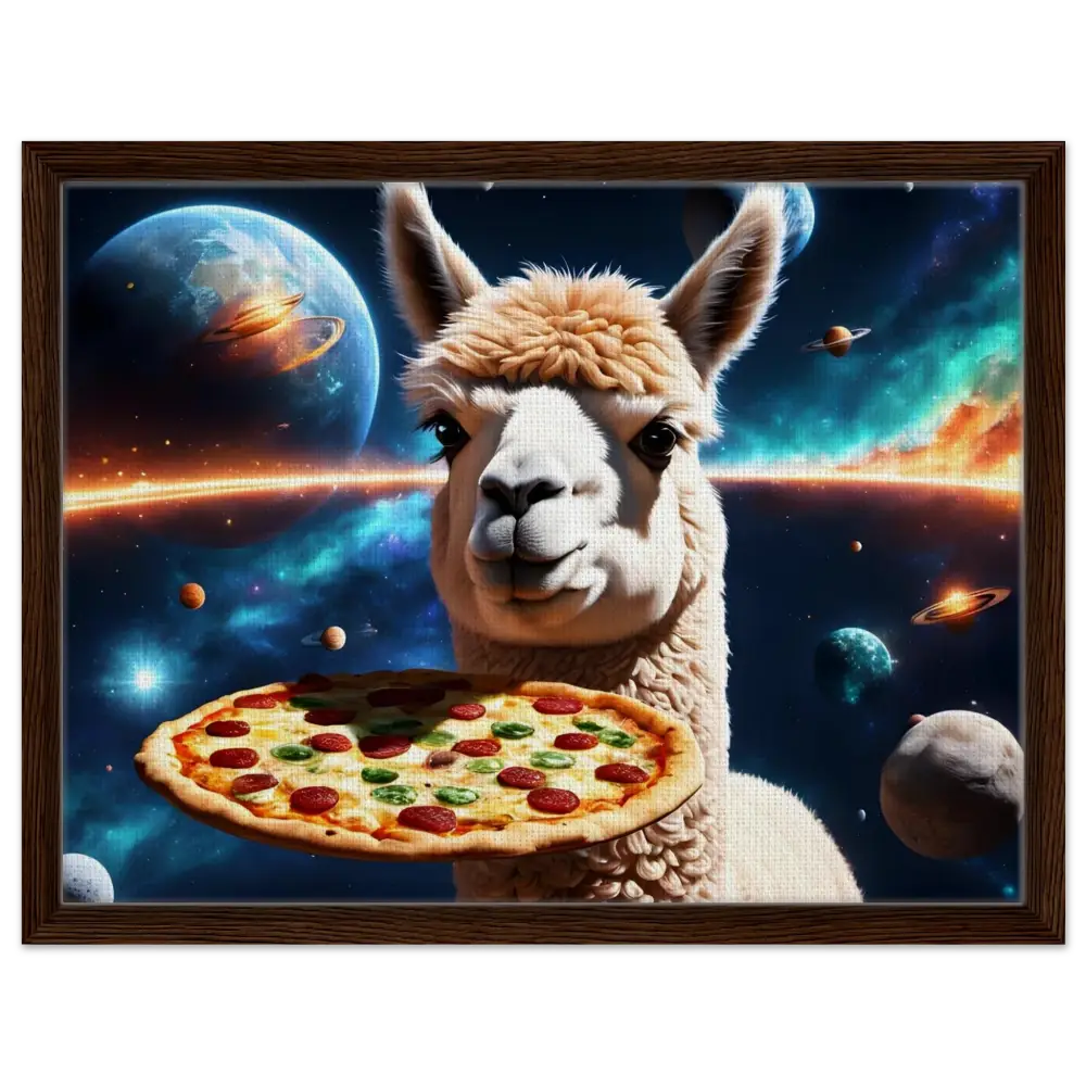 Framed Alpaca holding pizza in space on PixiOnyx Galactic Chew Courier Canvas art