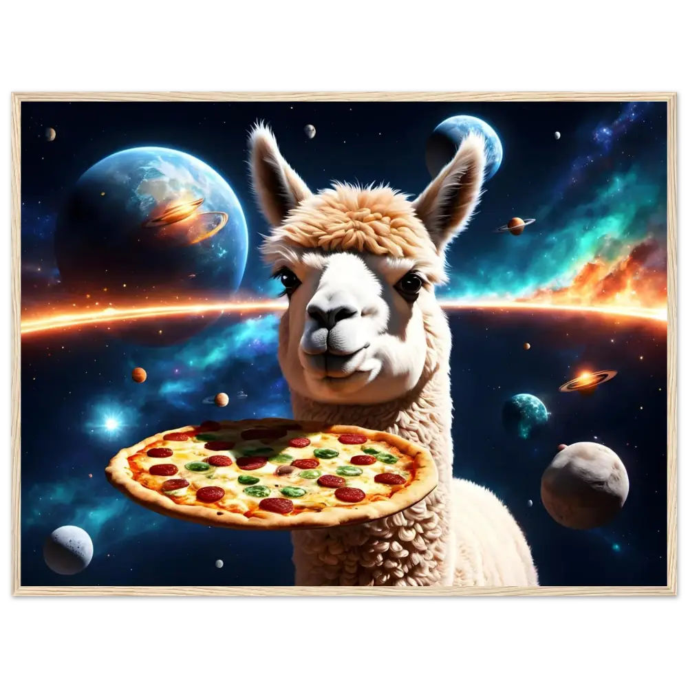 Llama holding pizza in space on Framed Alpaca Pizza Poster Cosmic Delivery