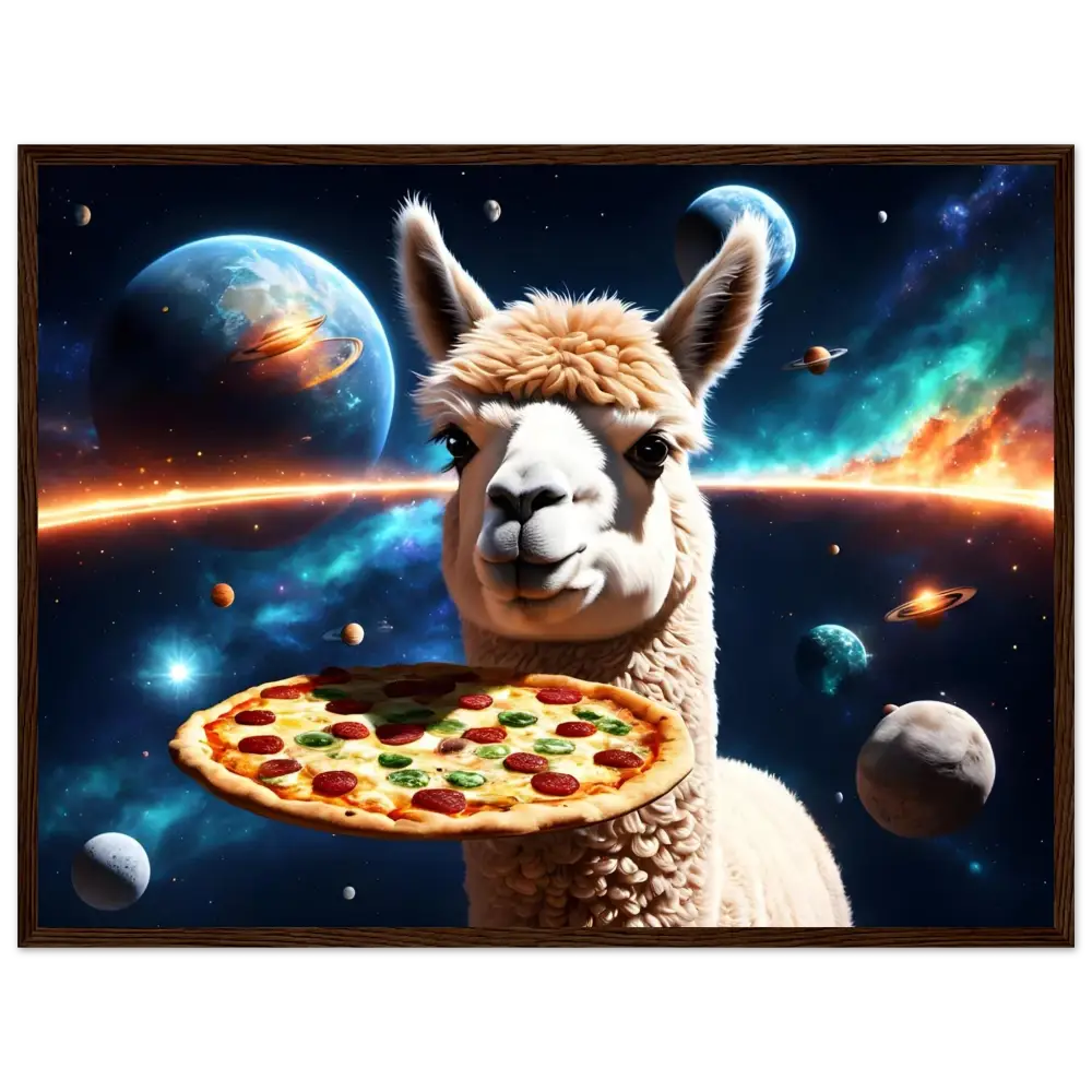 Llama holding pepperoni pizza in space on Framed Alpaca Pizza Poster cosmic delivery PixiOnyx wall display