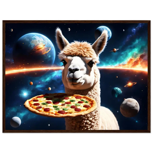 Llama holding pepperoni pizza in space on Framed Alpaca Pizza Poster cosmic delivery PixiOnyx wall display