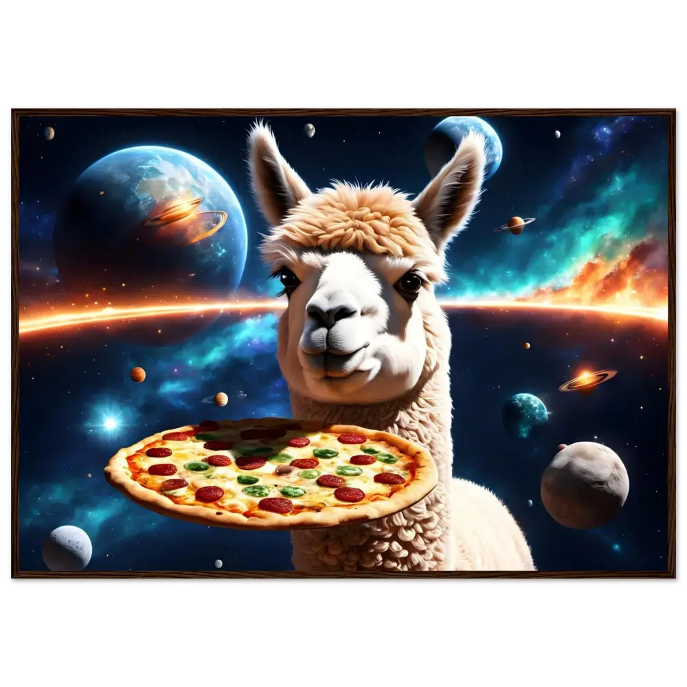 Alpaca holding pizza in space on PixiOnyx Cosmic Delivery framed wall art