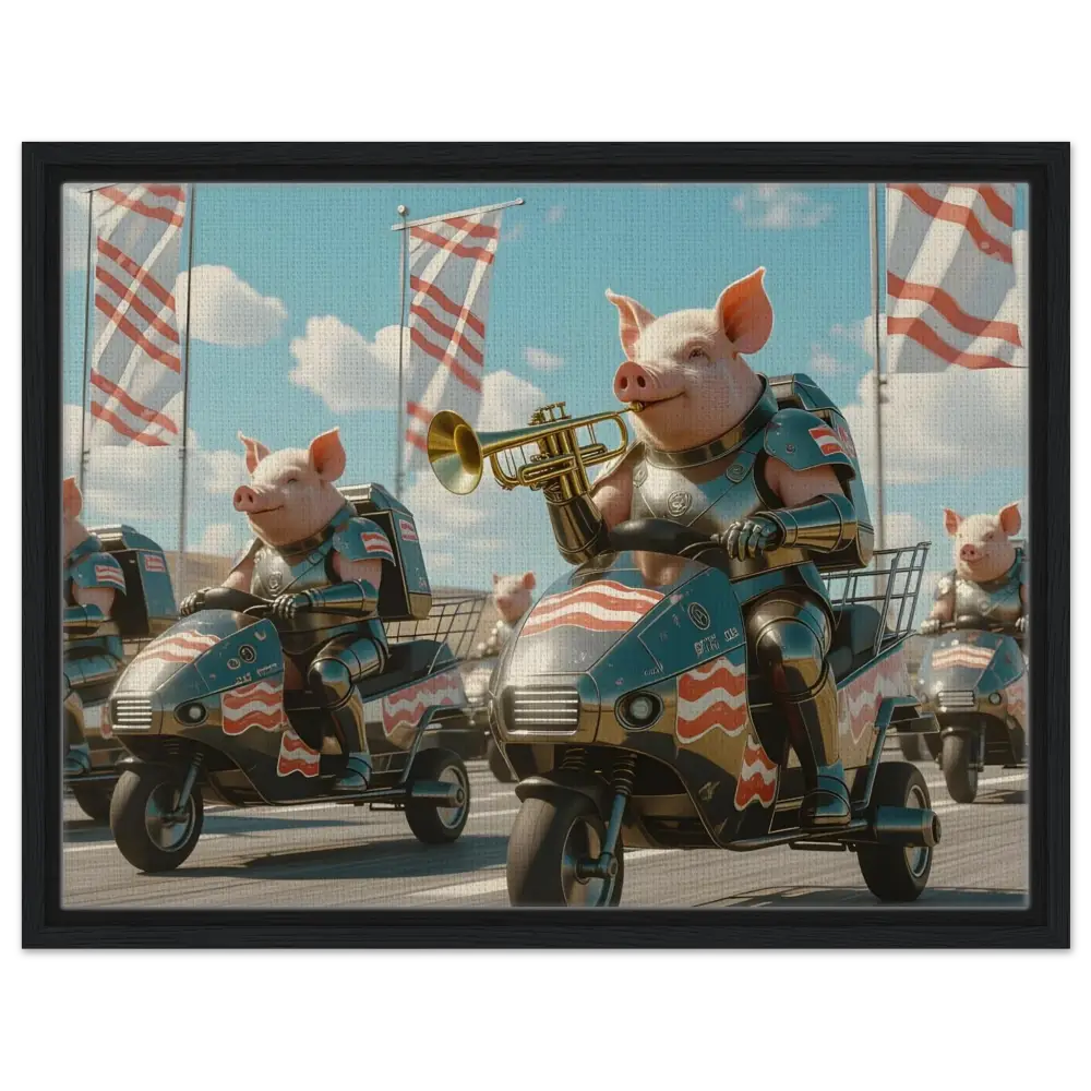 Pigs in armor riding patriotic scooters on Framed Bacon Battalion Canvas artwork