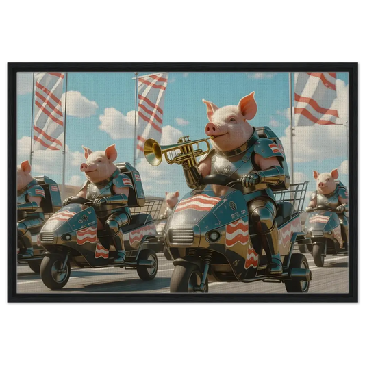 Patriotic pig parade artwork in Framed Bacon Battalion Canvas by PixiOnyx Bacon Brigade