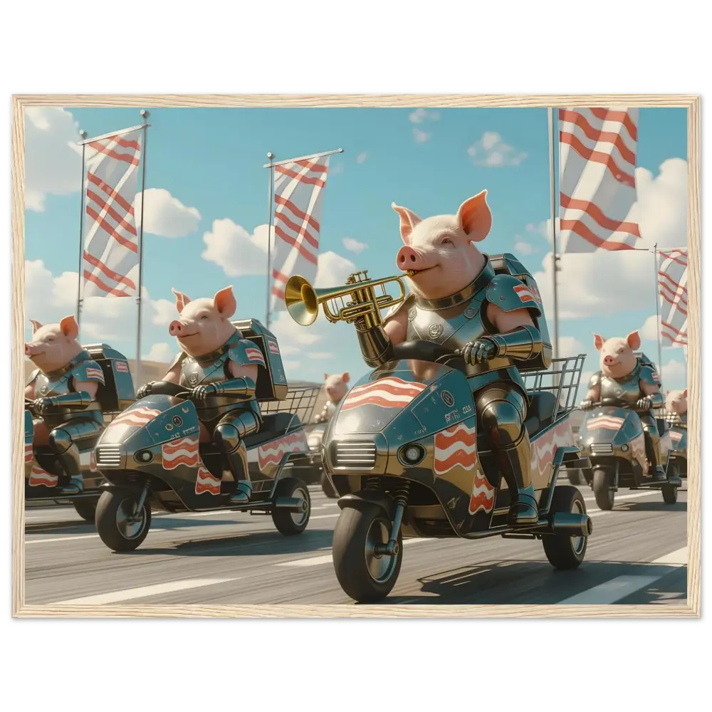 Patriotic pig parade depicted in Framed Bacon Battalion Poster Meat March PixiOnyx Parade of Pork Art