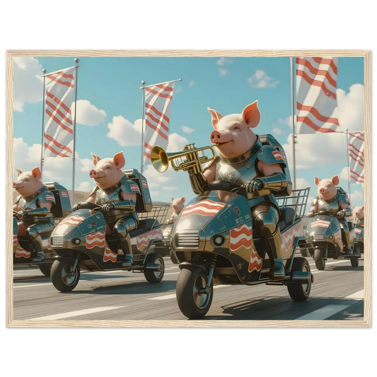 Patriotic pig parade depicted in Framed Bacon Battalion Poster Meat March PixiOnyx Parade of Pork Art