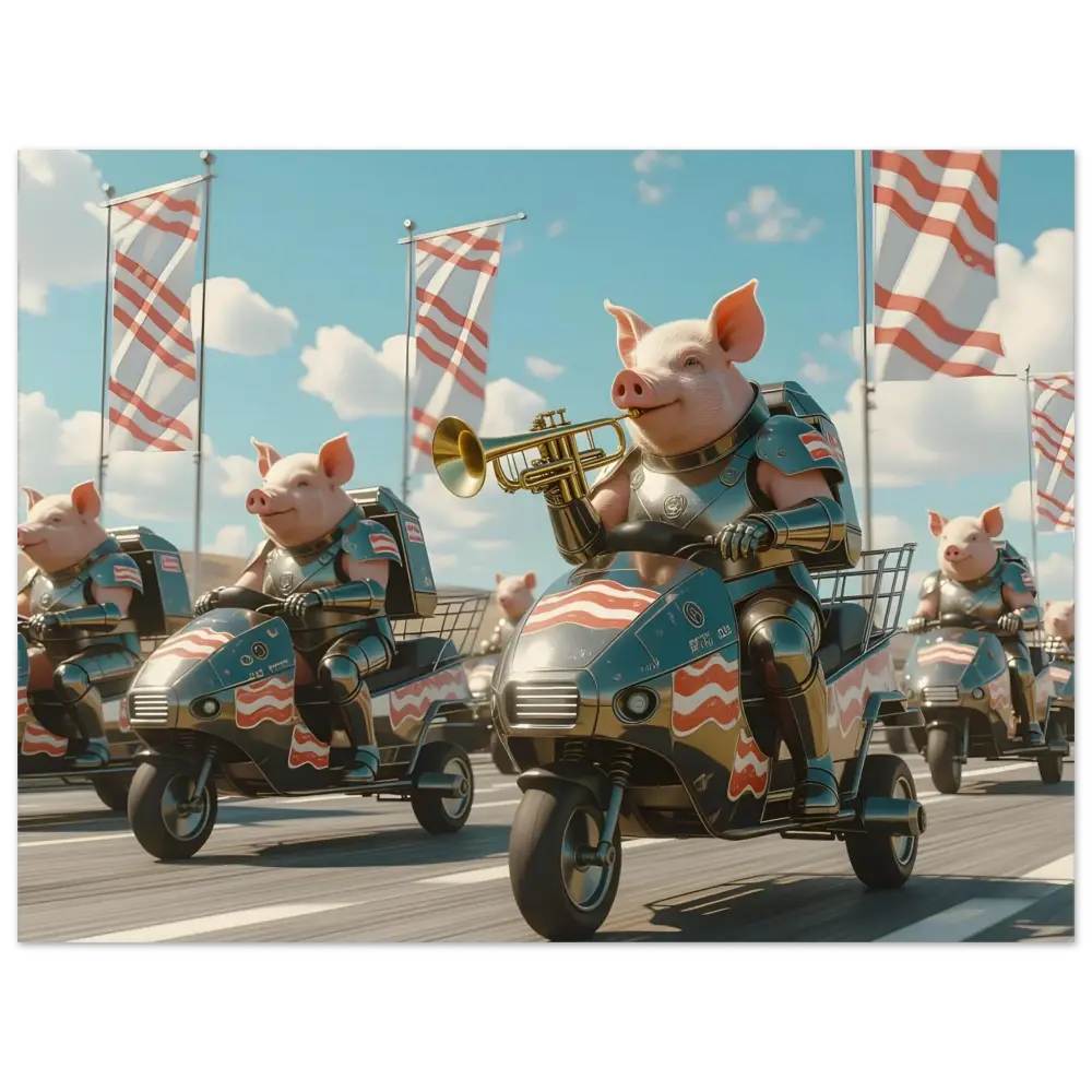 Patriotic pig parade artwork displayed in Framed Bacon Battalion Poster Meat March