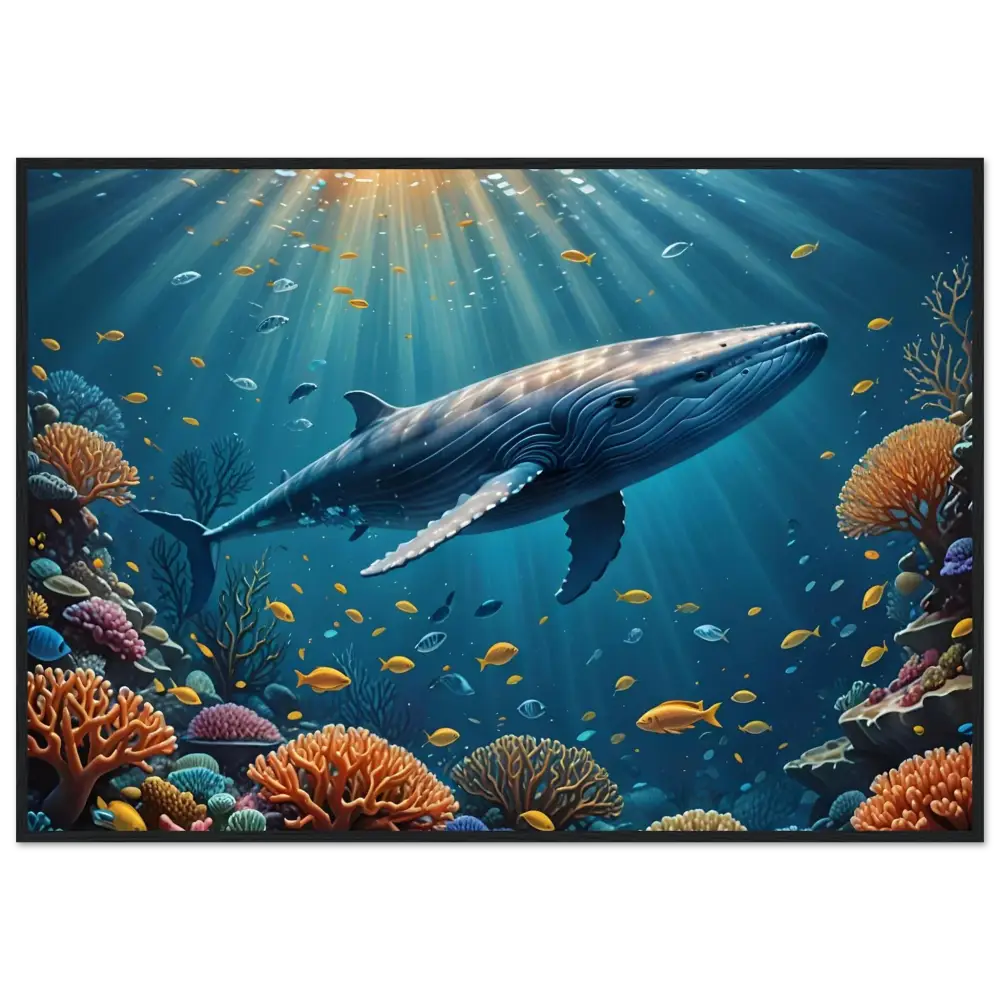 Underwater whale scene displayed on Framed Blue Whale Art on PixiOnyx Matte Paper