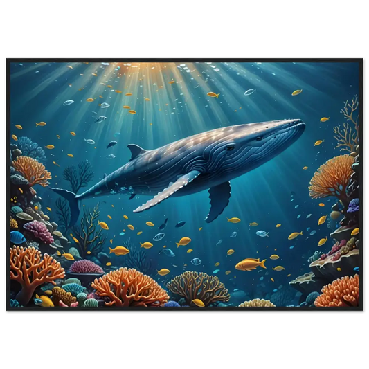 Underwater whale scene displayed on Framed Blue Whale Art on PixiOnyx Matte Paper