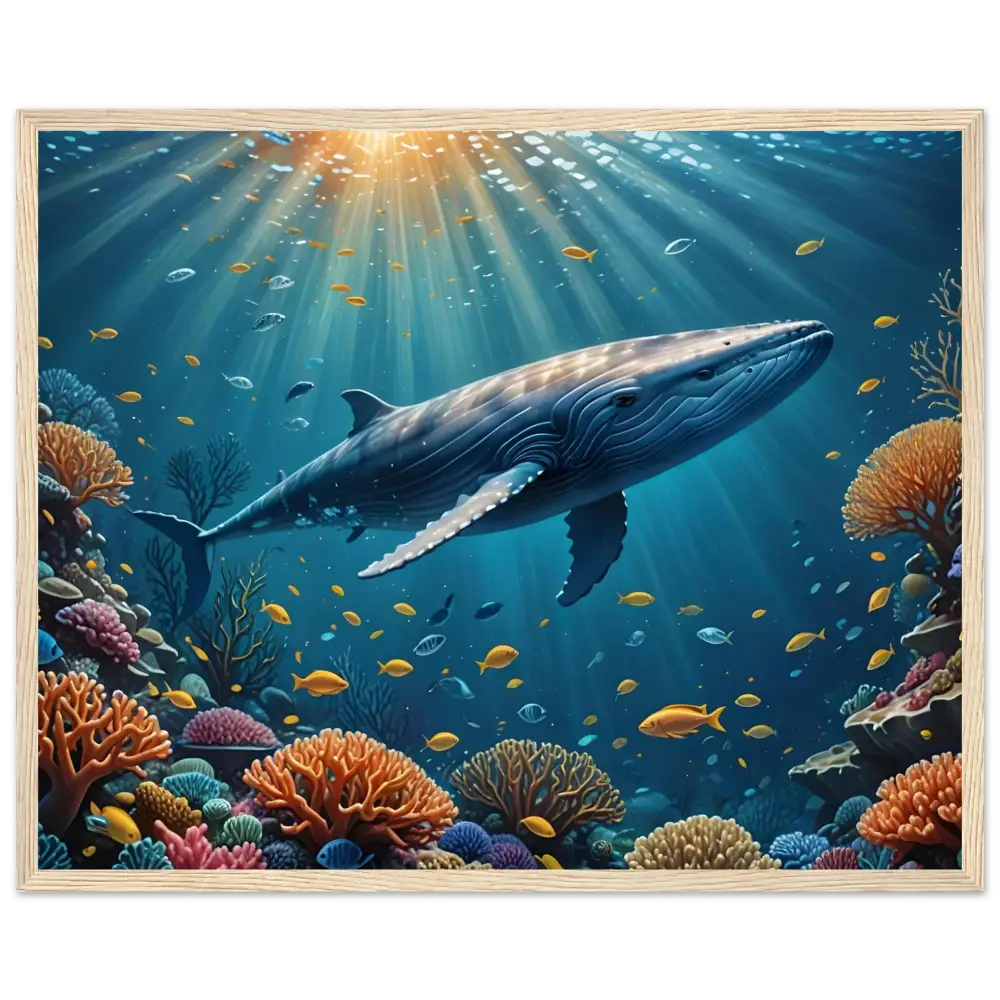 Framed underwater whale scene art displayed on PixiOnyx Matte Paper for ocean decor