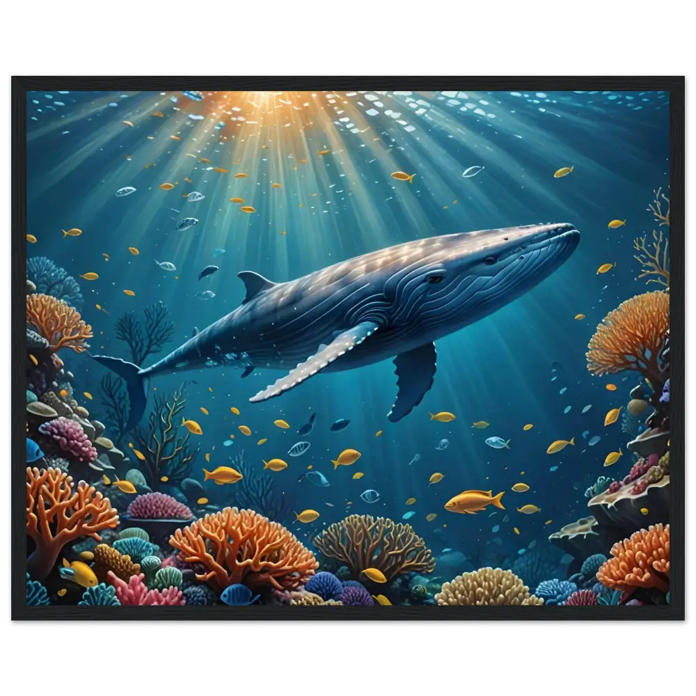 Underwater whale scene on PixiOnyx matte paper display in Framed Blue Whale Art