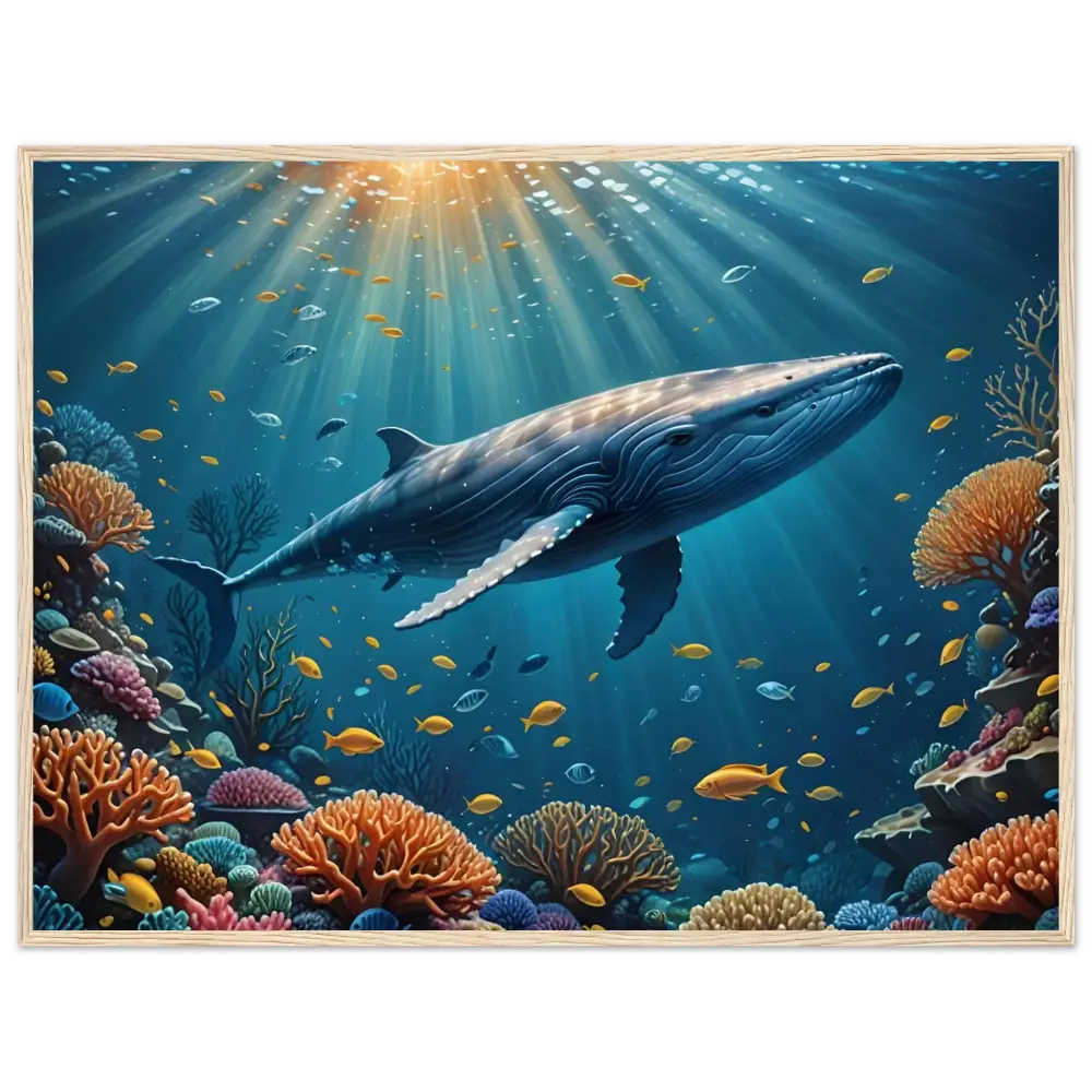 Underwater whale scene displayed on Framed Blue Whale Art on PixiOnyx Matte Paper