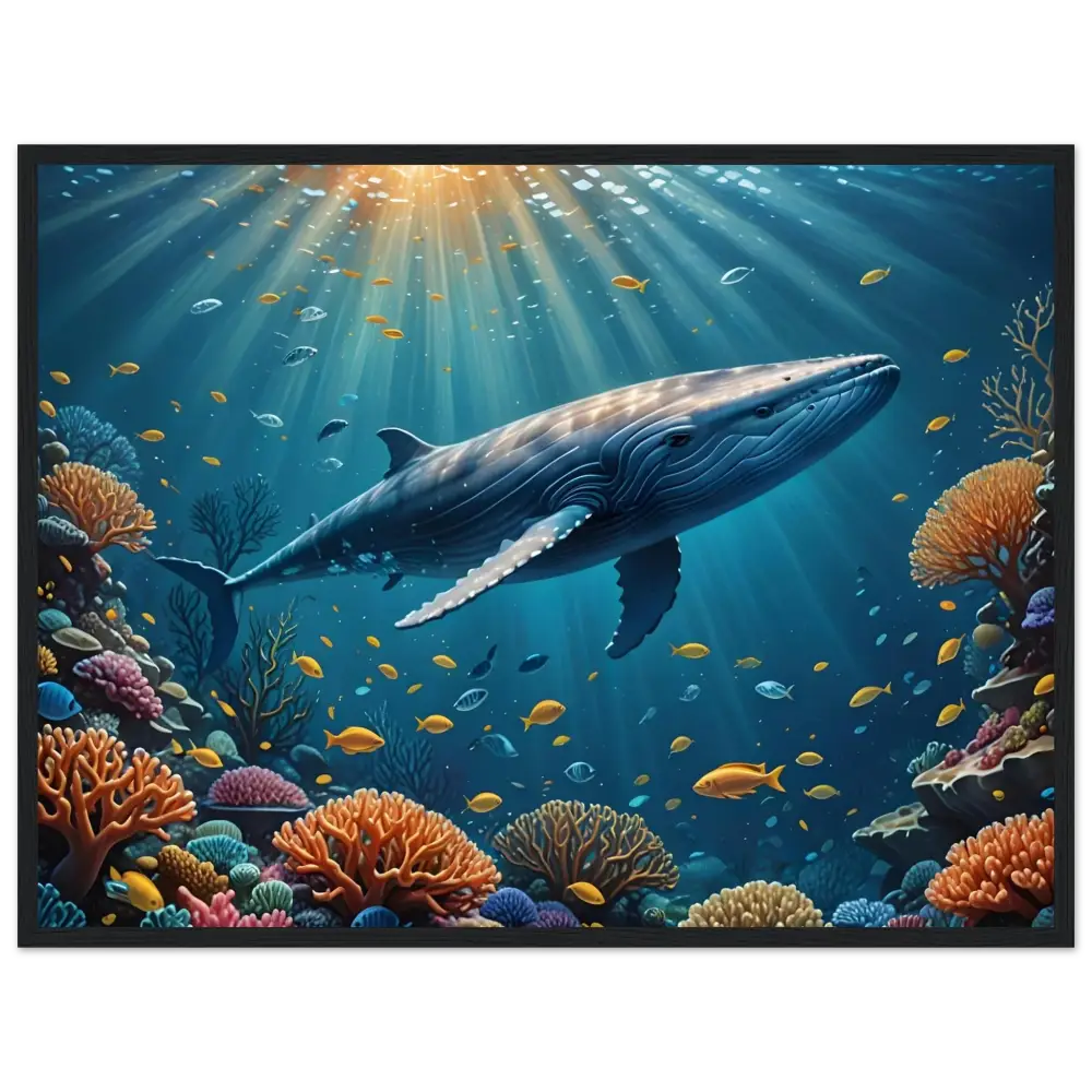 Underwater whale scene displayed on Framed Blue Whale Art with Ocean Calm design on PixiOnyx Matte Paper