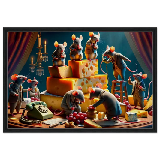 Anthropomorphic mice with cheese artwork on Framed Boardroom Brie-down Canvas in The Cheddar Chamber