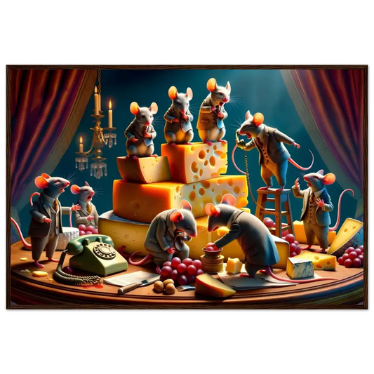 Anthropomorphic mice with cheese on a framed boardroom Brie-down Poster