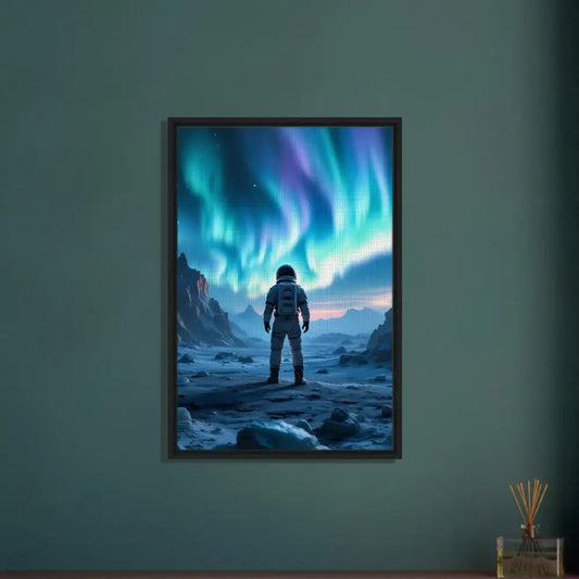 Framed astronaut aurora artwork on canvas in PixiOnyx Celestial Focus Frame