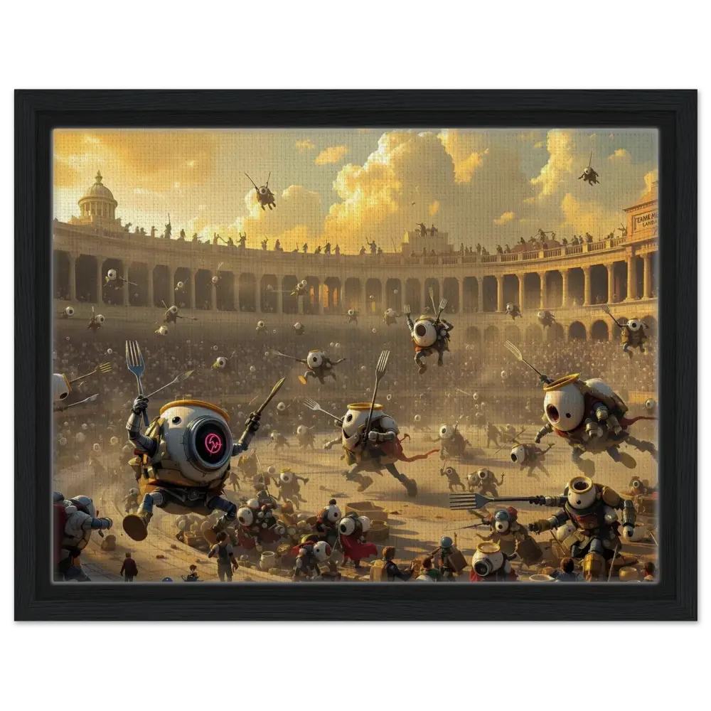 Robotic gladiators battling in an arena on framed canvas titled Battle of the Breakfast Bots